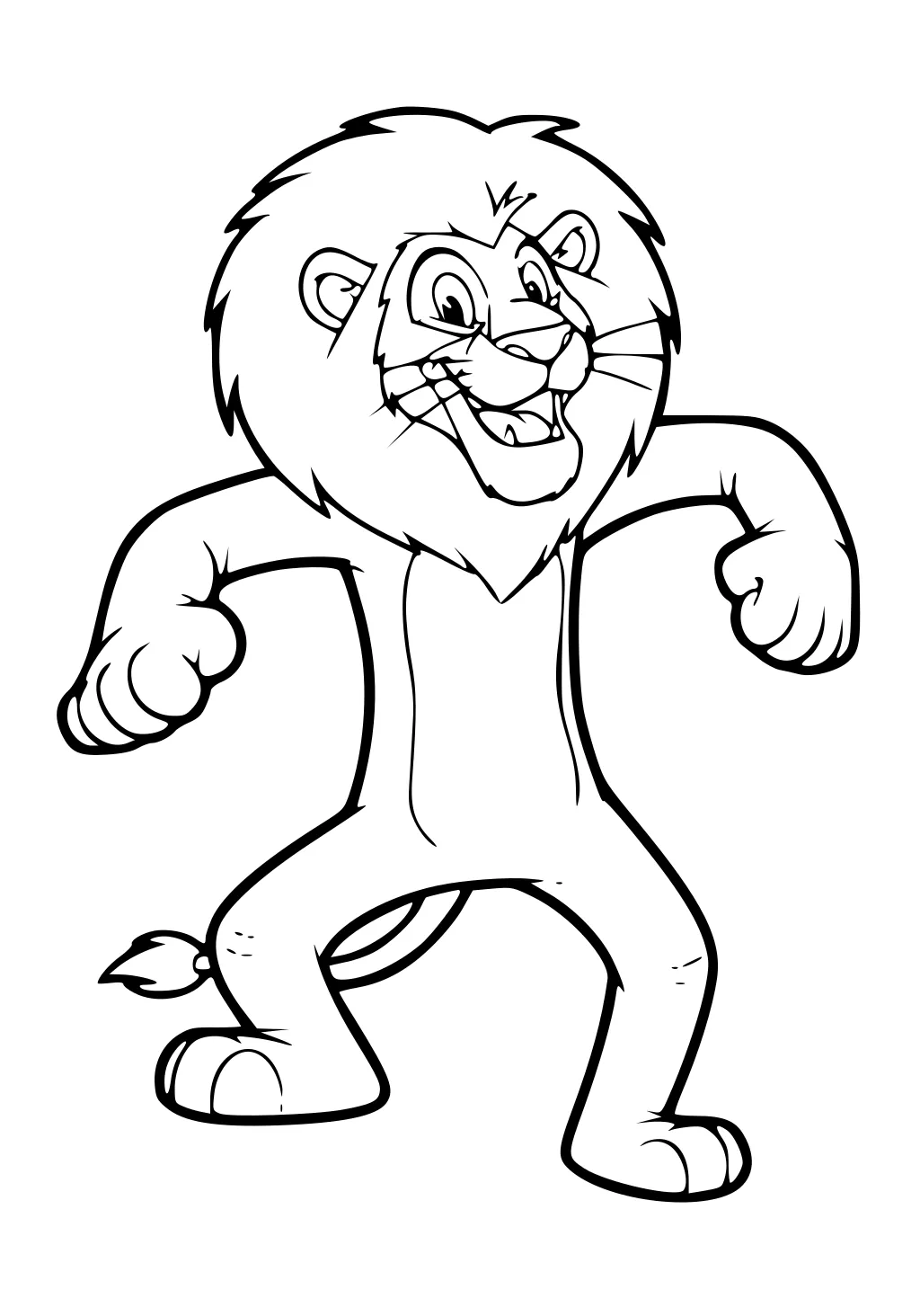 Cartoon lion with big mane standing upright, arms bent, smiling with wide eyes and bushy tail.