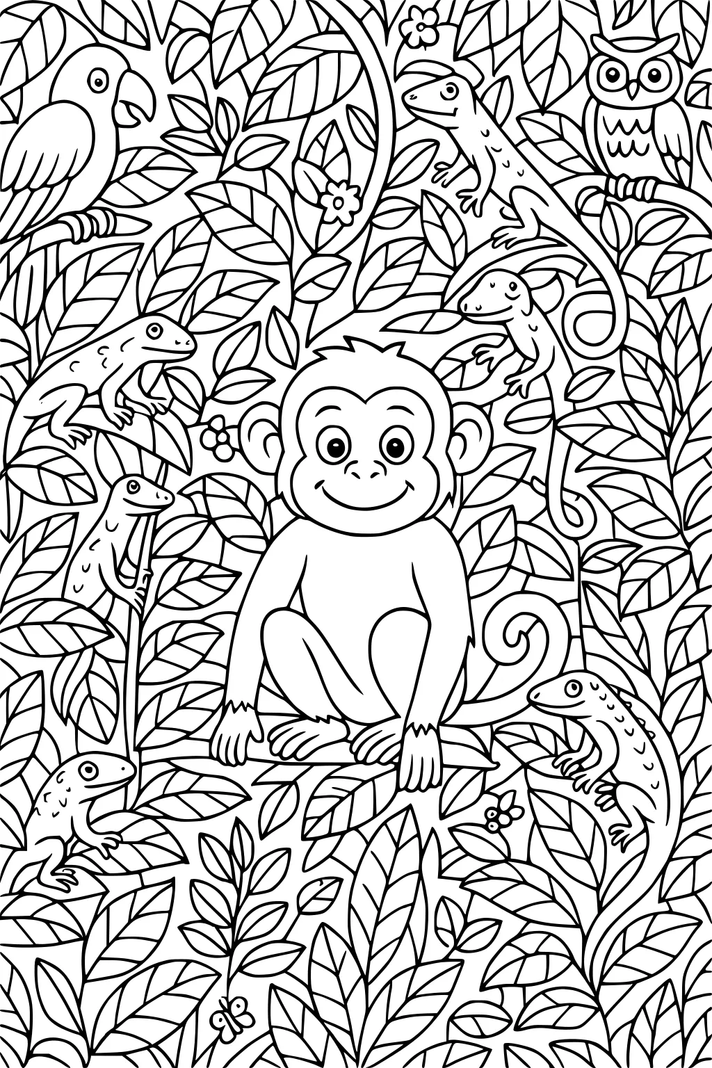 Monkey sitting on a branch surrounded by leaves, lizards, parrot, owl, frogs, and a butterfly in a rainforest scene.