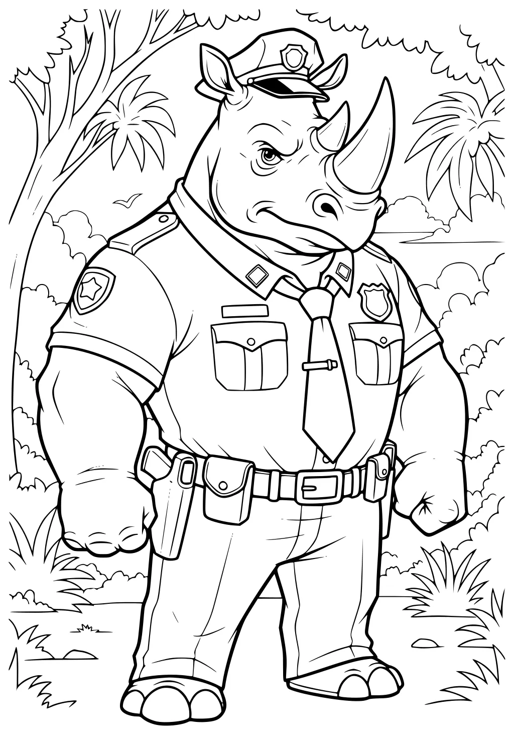 Rhinoceros police officer in uniform standing in a jungle with palm trees and bushes in the background.