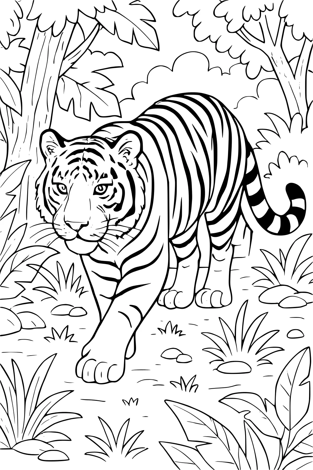Tiger walking forward through jungle plants and trees, stripes clearly shown on body, with rocks and leaves on ground.