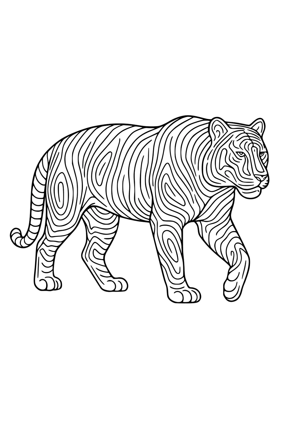 Outline drawing of a tiger walking with curly, bold stripes all over its body.