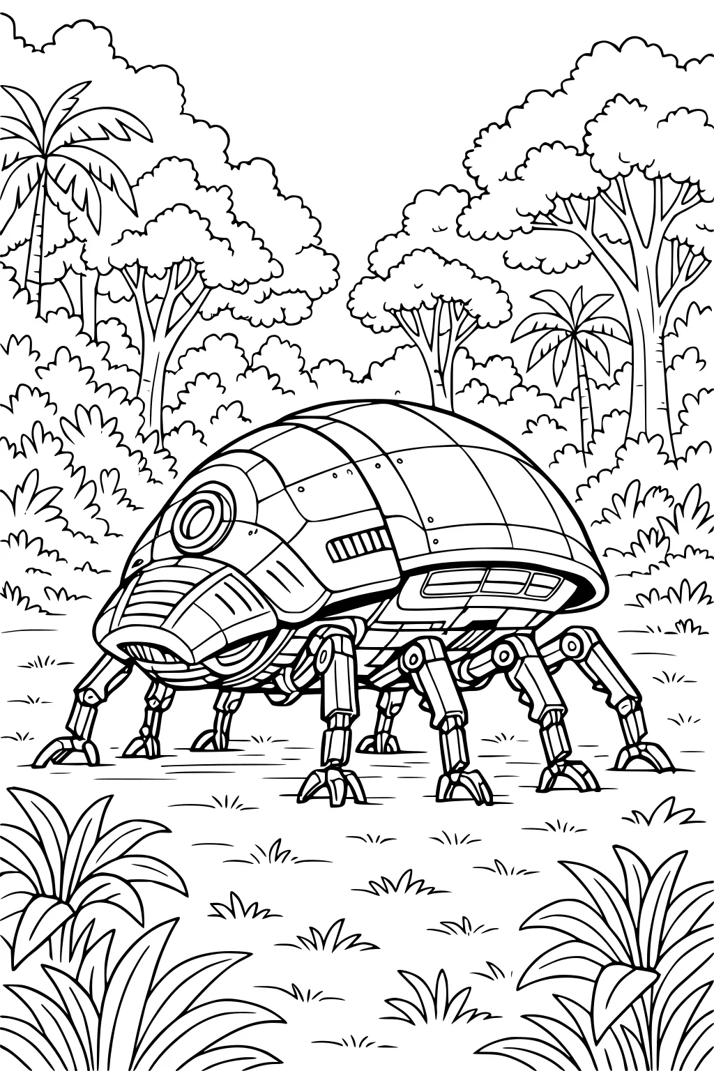 Six-legged alien UFO walker with dome body in a jungle clearing, mechanical legs, round window, and surrounding trees and bushes.
