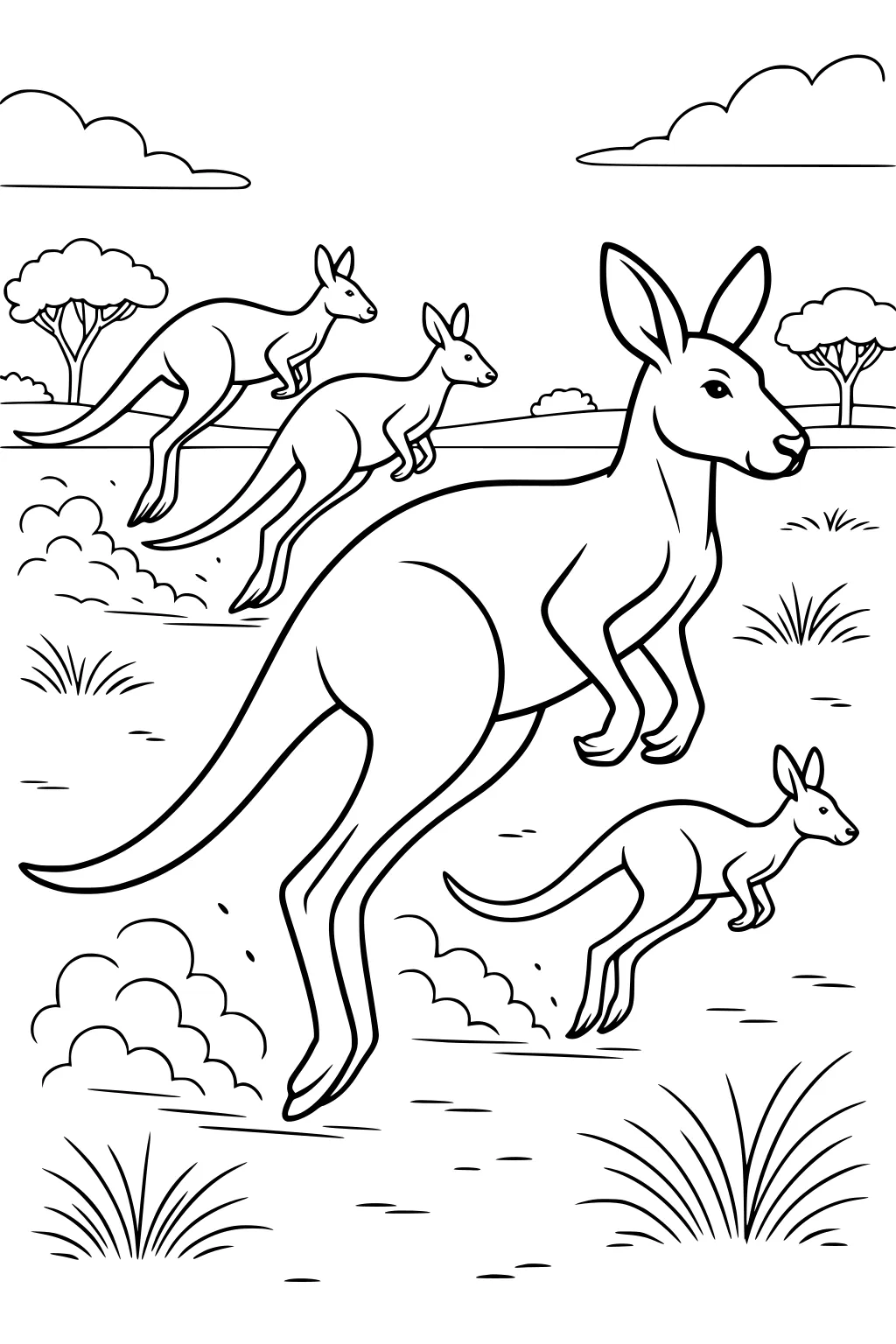 Four kangaroos jump across a grassy field. There are bushes, trees, and puffy clouds in the background.