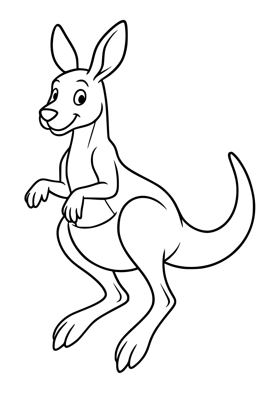 Smiling kangaroo with big ears and long tail standing upright, cartoon outlined drawing.
