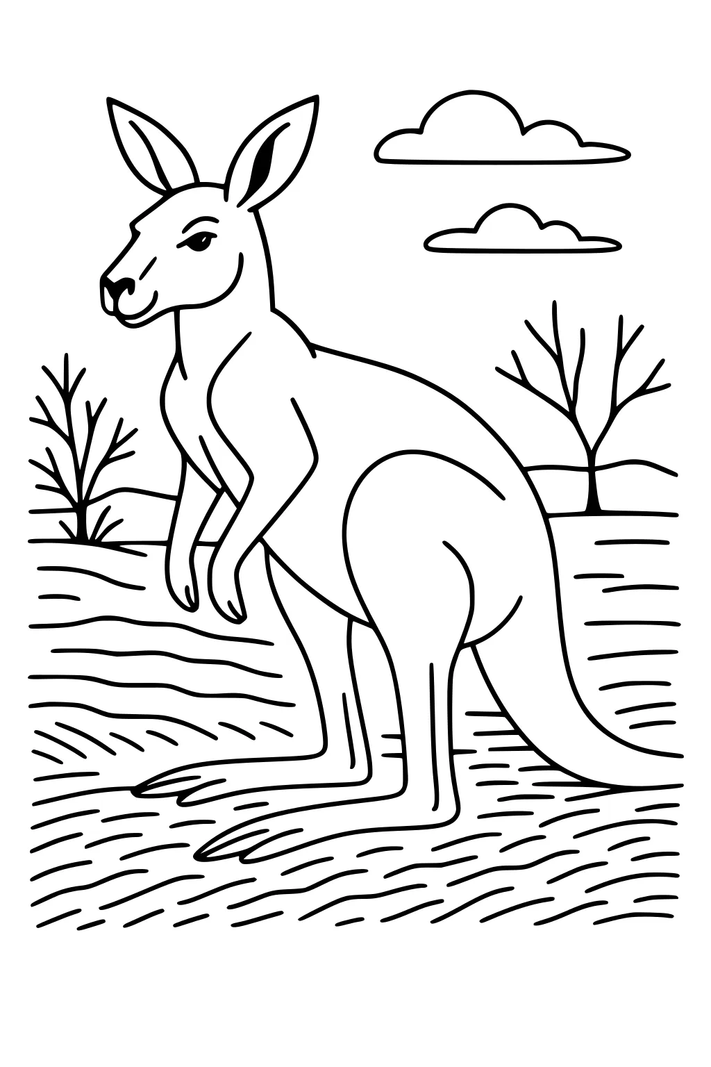 Kangaroo standing on outback grass with long tail, bare trees, and two clouds in the sky.
