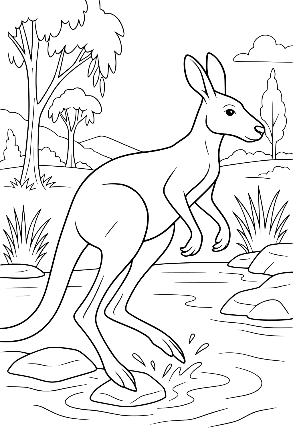 Kangaroo jumping over creek stones with splashes, surrounded by grass, trees, and hills under clouds.