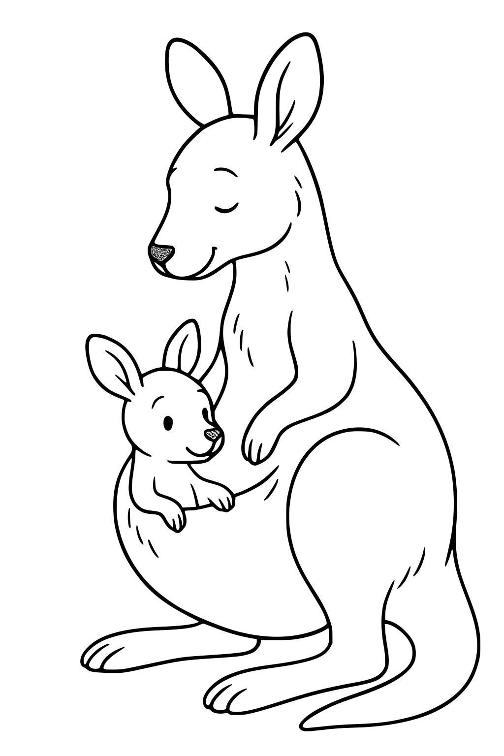 Mother kangaroo with a smiling baby kangaroo in her pouch, both sitting with big ears and peaceful faces.