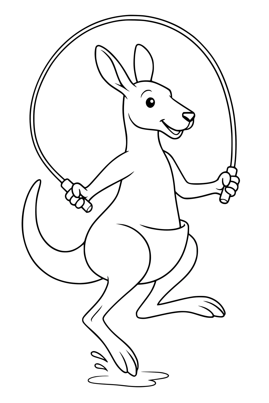 Cartoon kangaroo jumping rope with a big smile, tail out, one foot splashing, ears tall.
