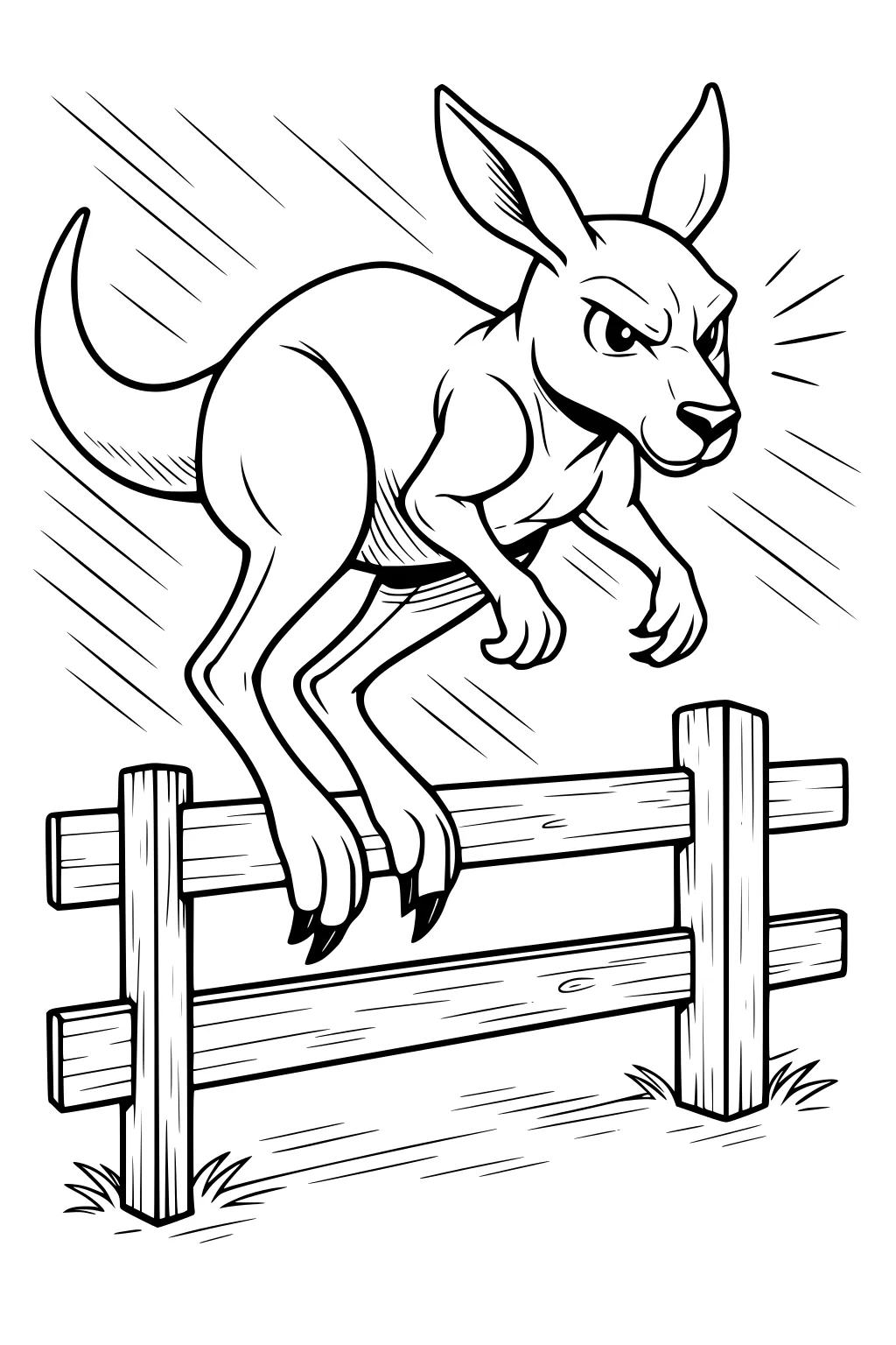Kangaroo leaping over a wooden fence with focused face and motion lines in cartoon style.