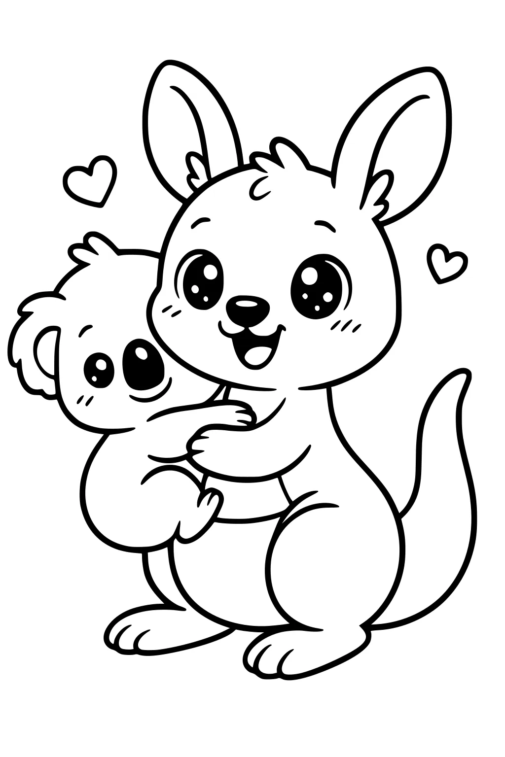 Cartoon kangaroo sitting and hugging a koala, both smiling with big eyes and two small hearts nearby.