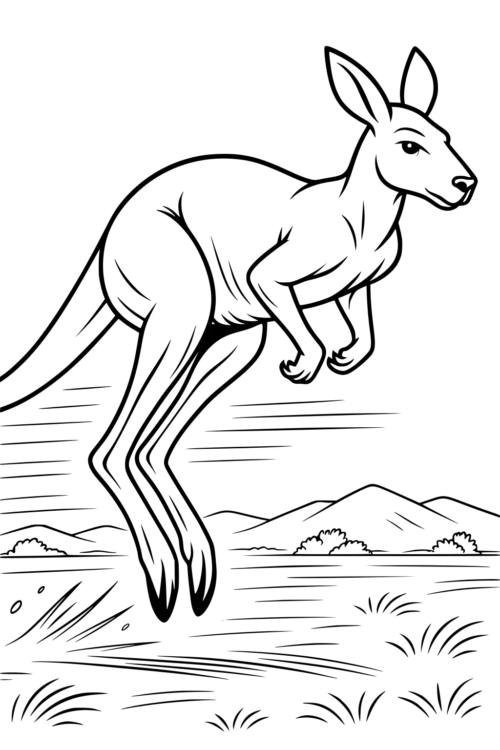 A kangaroo leaps across a grassy field with hills and bushes in the background. The kangaroo's legs and ears are stretched.