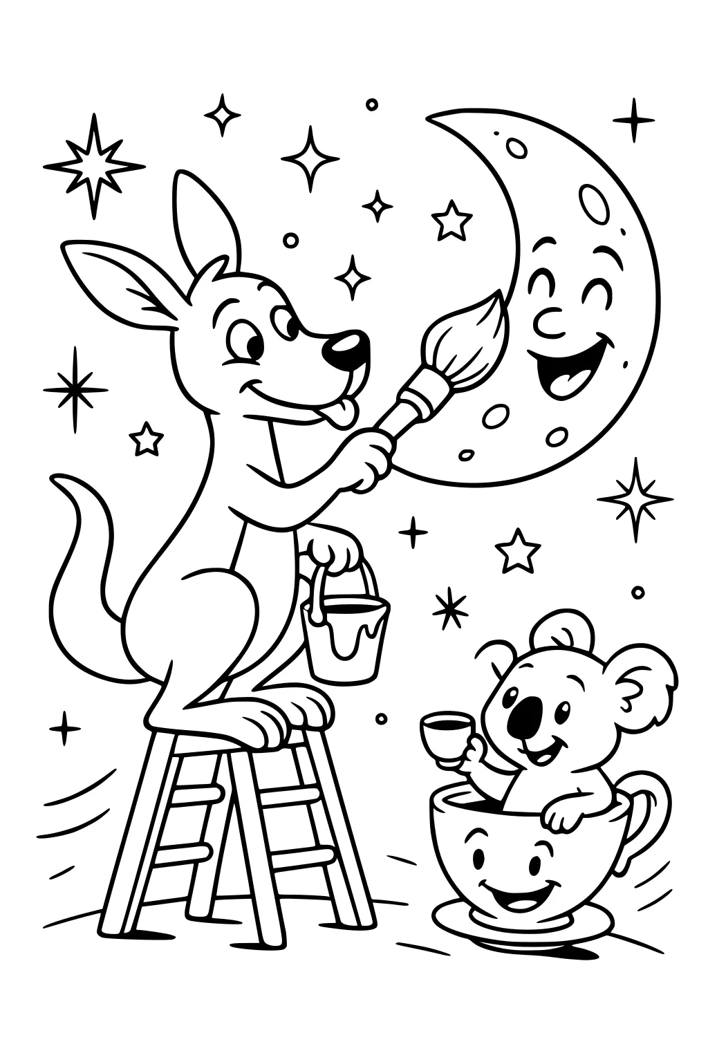 Kangaroo paints happy moon on ladder, koala in large teacup, stars in background, both smiling.