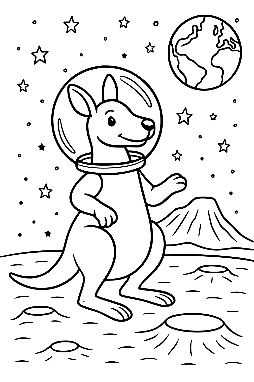 Kangaroo in a space helmet standing on the moon with stars, Earth, and craters around him.