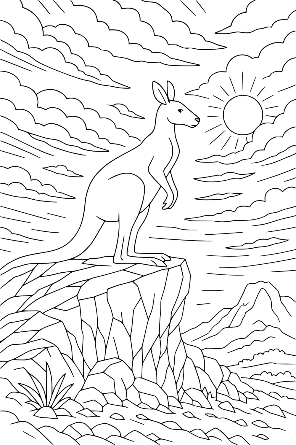 Kangaroo stands on a rocky cliff with clouds, sun, distant mountain, and bushy grass below.