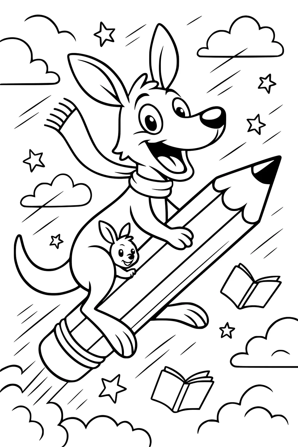 A happy kangaroo with a scarf rides a flying pencil through clouds, with a joey in her pouch and books, stars, and clouds floating nearby.