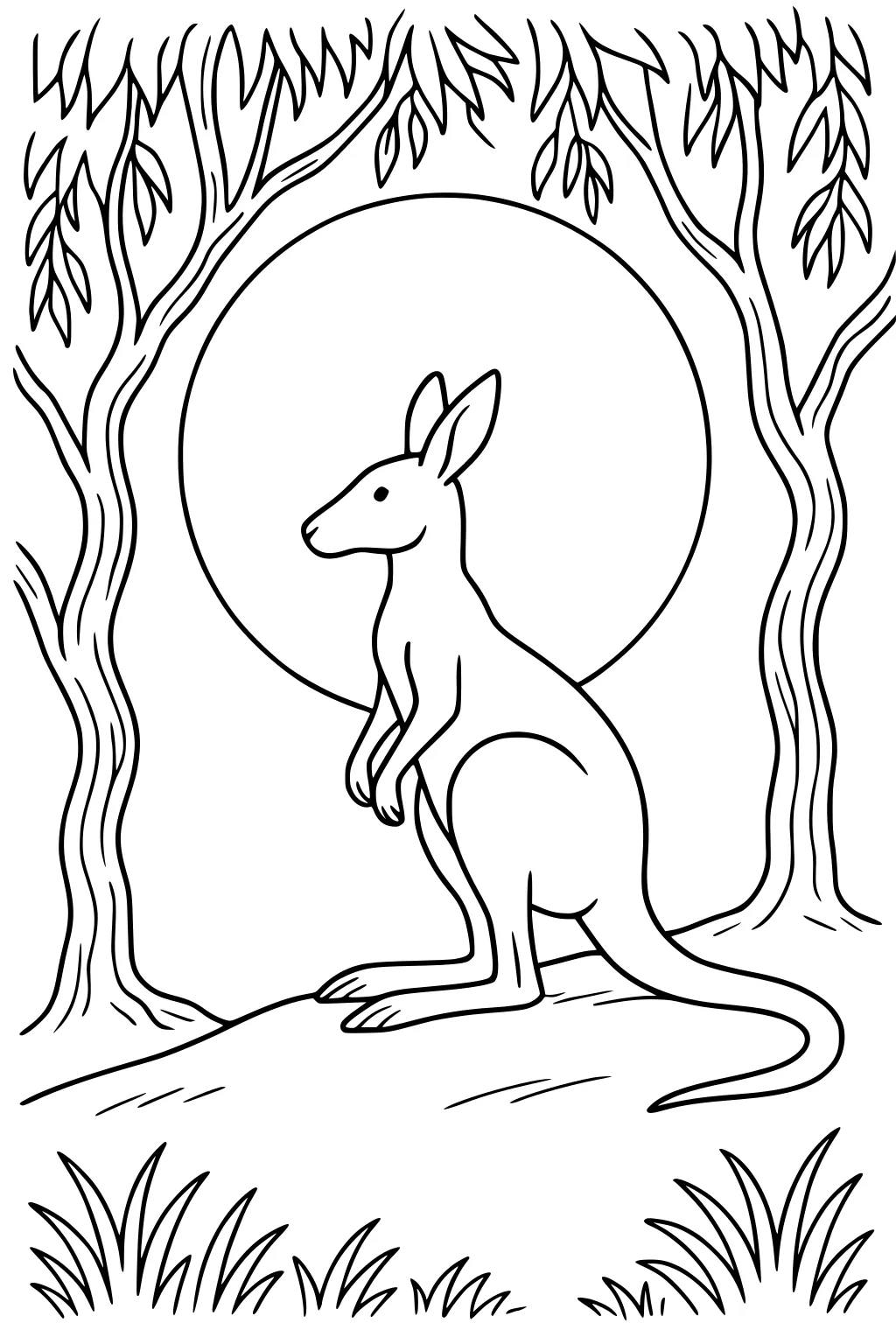 A kangaroo stands upright on a small hill with grass, framed by two trees and leaves with a large sun in the background.