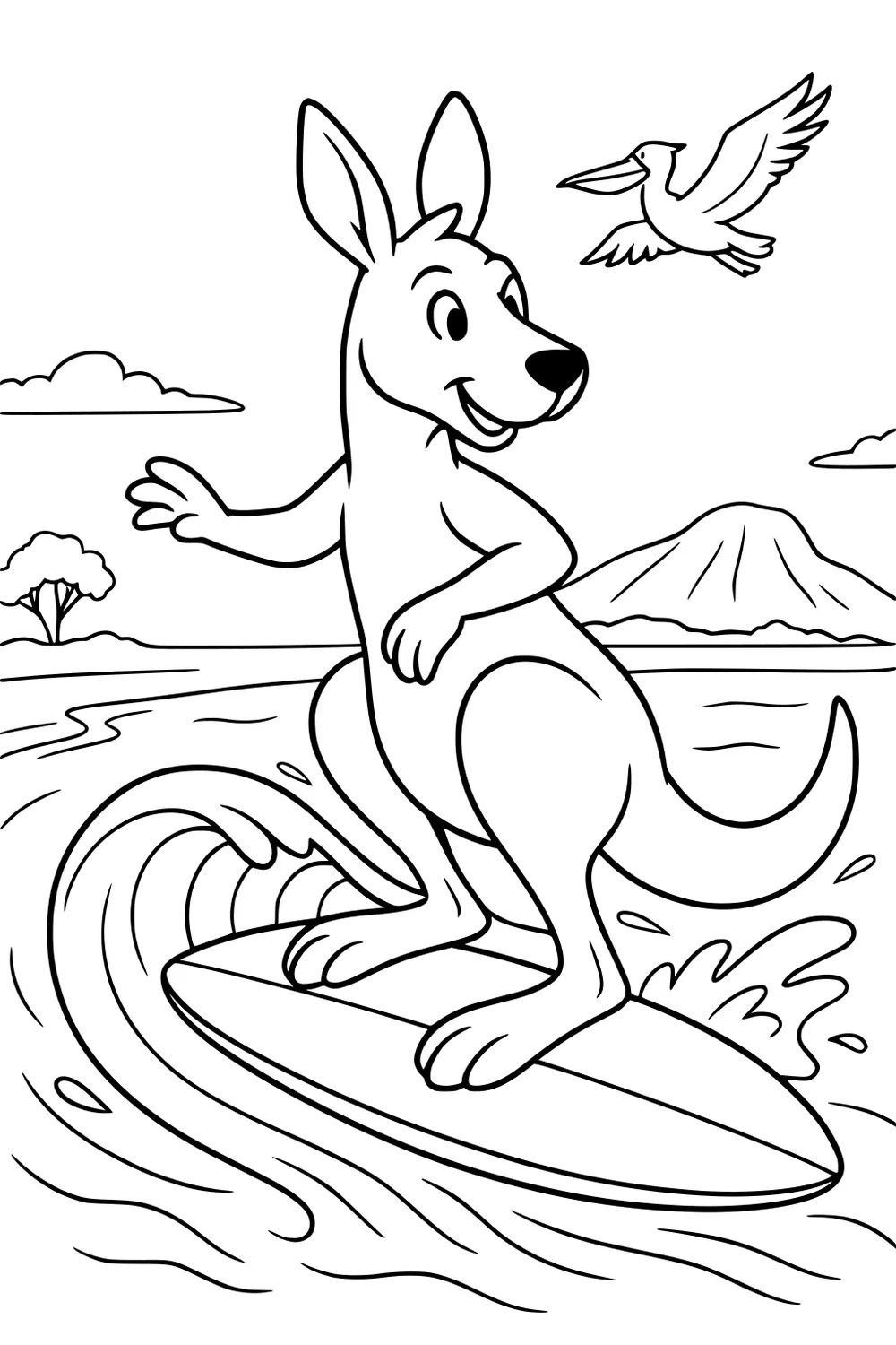 A kangaroo surfing on a wave while a pelican flies overhead, with mountains and clouds in the background.