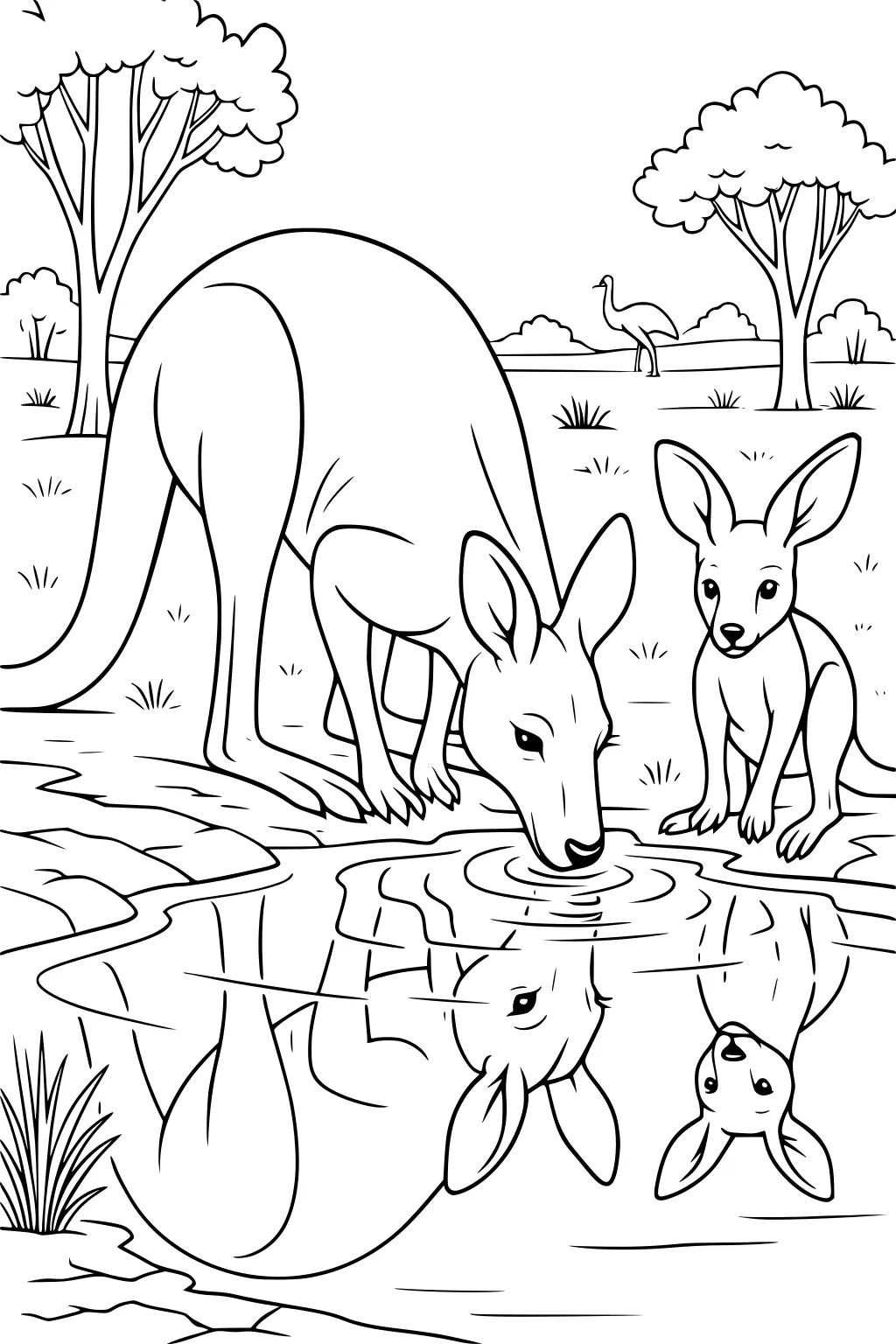 Adult kangaroo drinks from a pond while a joey sits beside her. Reflections appear in the water. Trees and emu in the background.