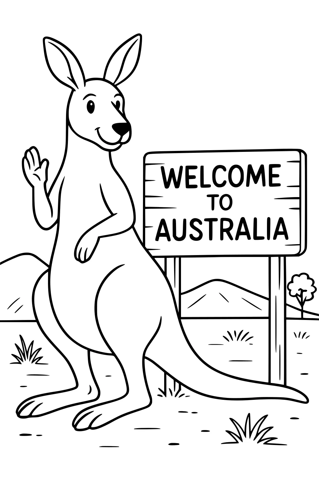 Waving kangaroo beside Welcome to Australia sign, grassy ground, hills, and a tree in the background.