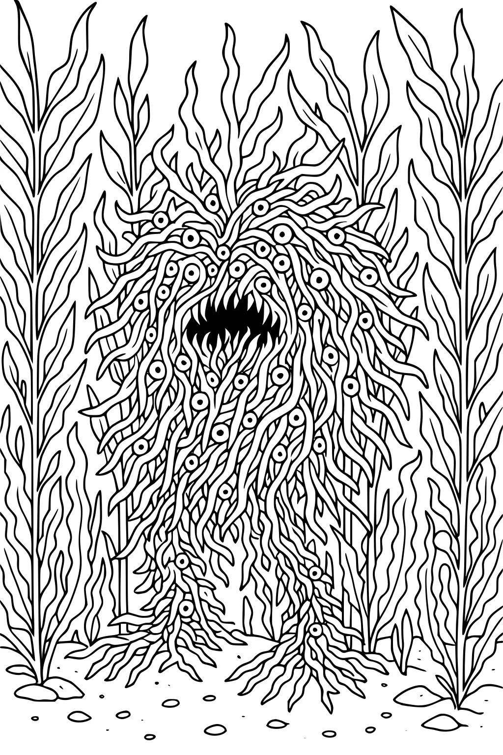 Sea monster of kelp with many eyes and a toothy mouth, in a tall seaweed forest above pebbles on the sandy seabed.