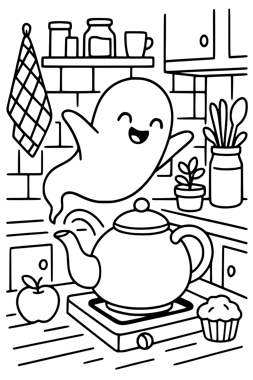 Smiling ghost hovers over a whistling teapot in a cozy kitchen with shelves, towel, plant, utensils, apple, and muffin.