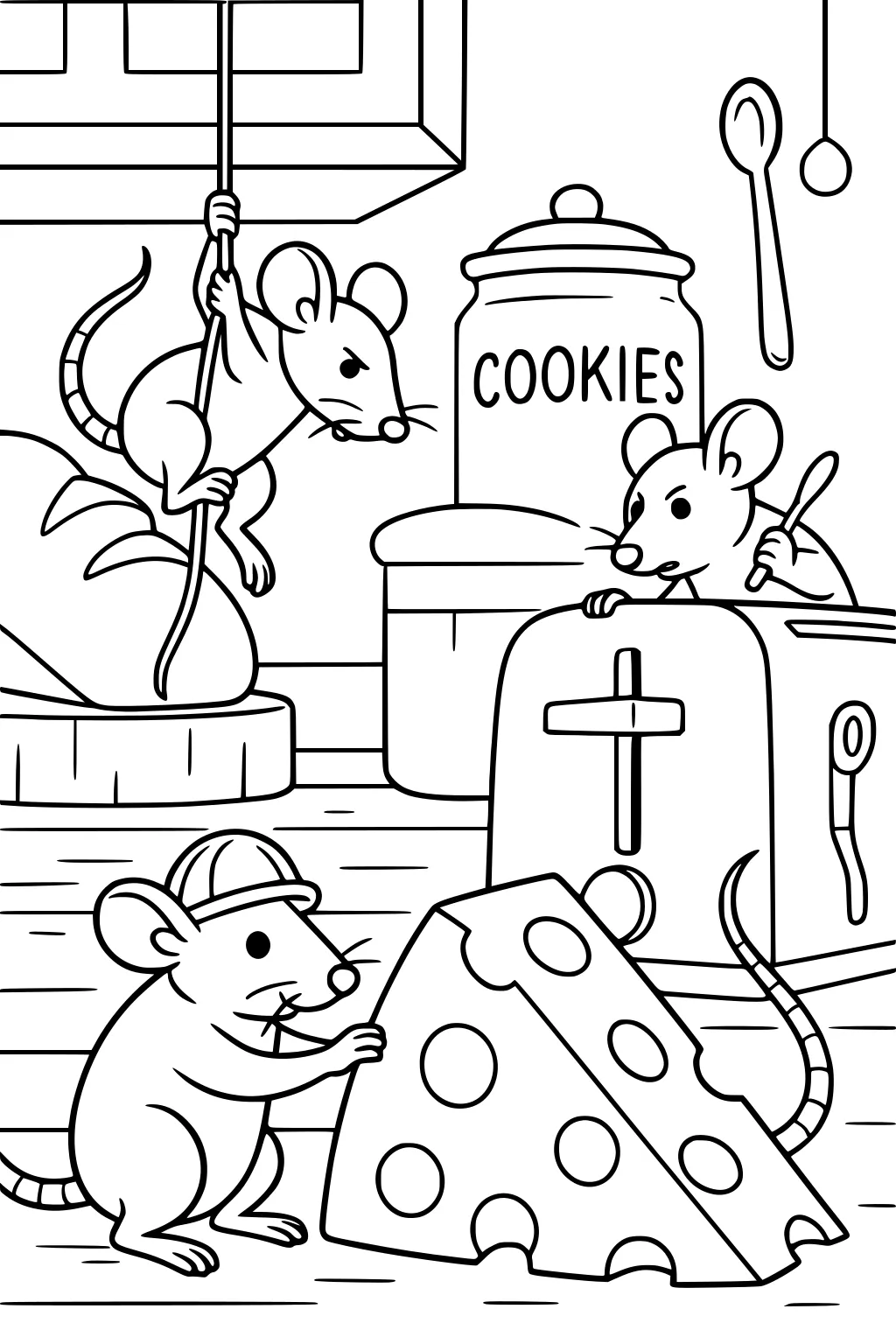 Three cartoon rats in a kitchen with cheese, toaster, cookies jar, and bread. One rat swings on a rope.