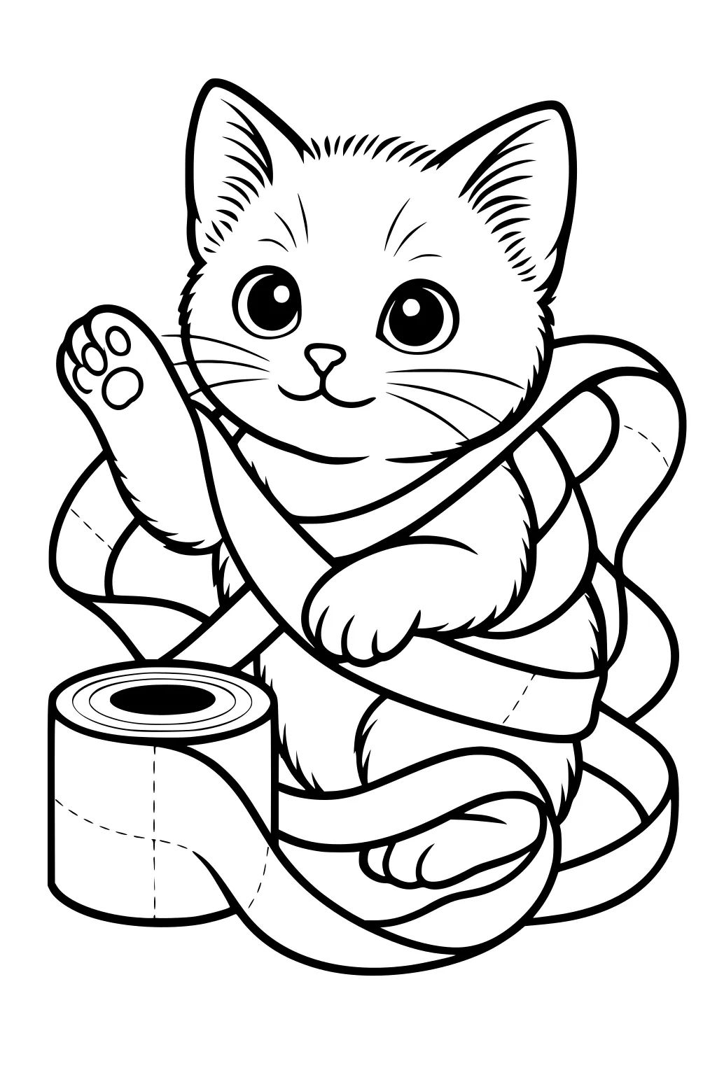 Kitten with big eyes playing and wrapped in toilet paper, paw raised, sitting next to a full toilet roll.
