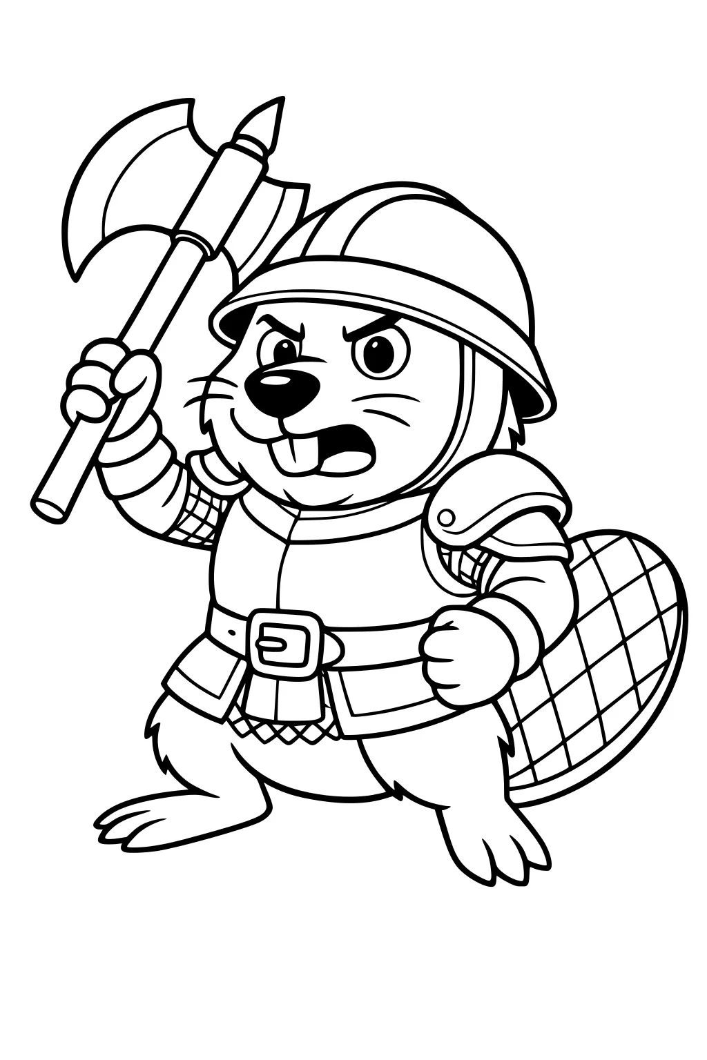 Armored cartoon beaver holding an axe, wearing a helmet and armor, with an expressive face and checkered tail.