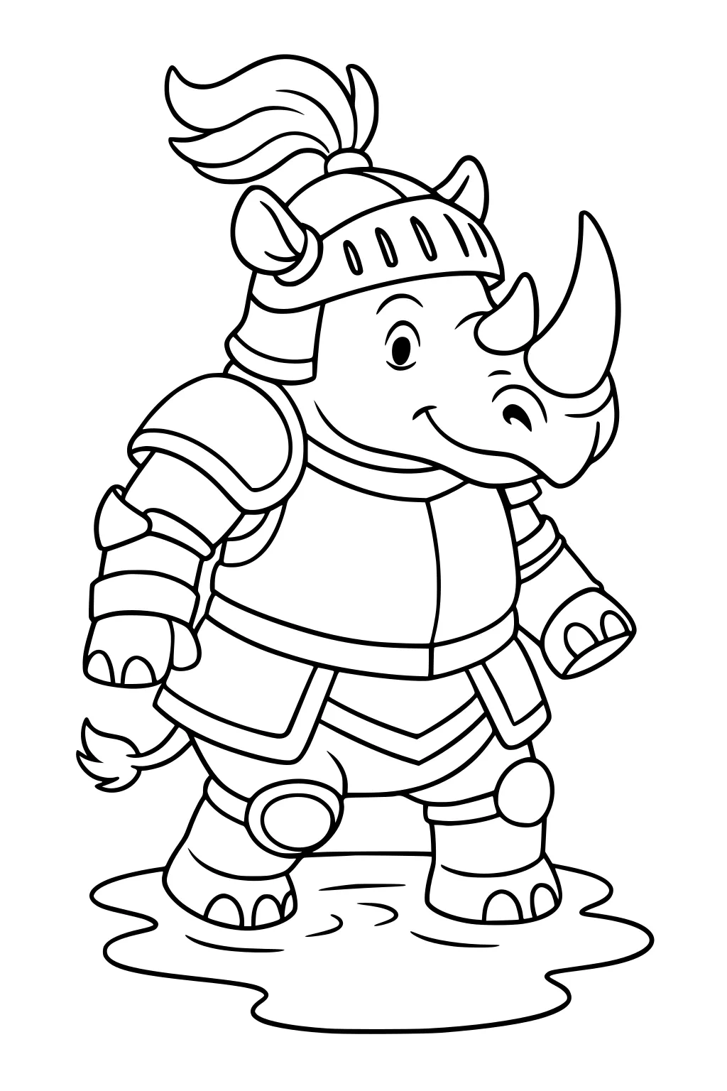 Smiling rhinoceros boy in knight armor, helmet with plume, standing in puddle.