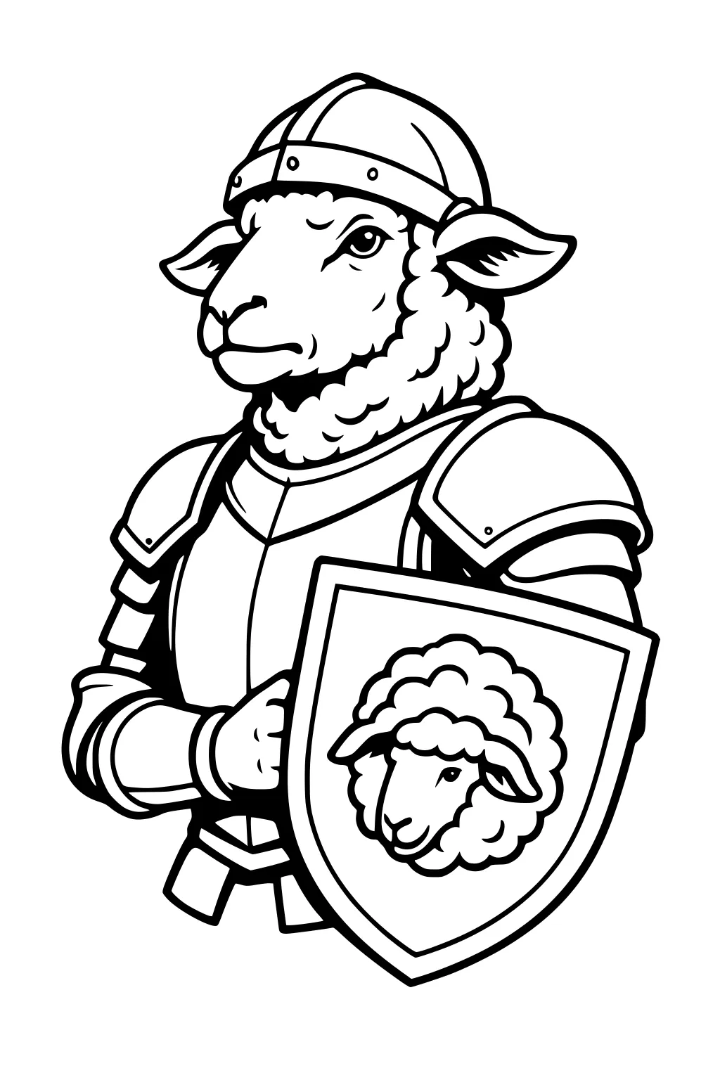 A sheep in armor and helmet stands holding a shield decorated with another sheep's face. The sheep looks serious and proud.