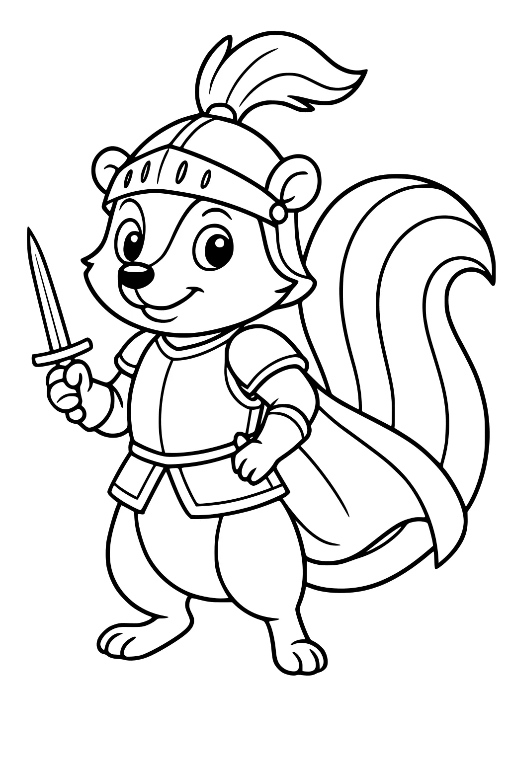 Cartoon skunk boy dressed as a knight, holding a sword, wearing a feathered helmet and cape, smiling proudly.