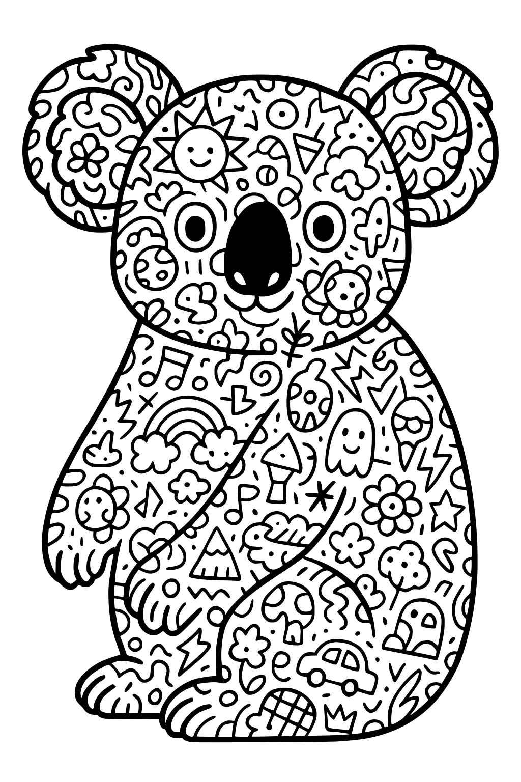 Seated koala filled with detailed cartoon doodles like flowers, sun, clouds, mushrooms, music notes, and stars.