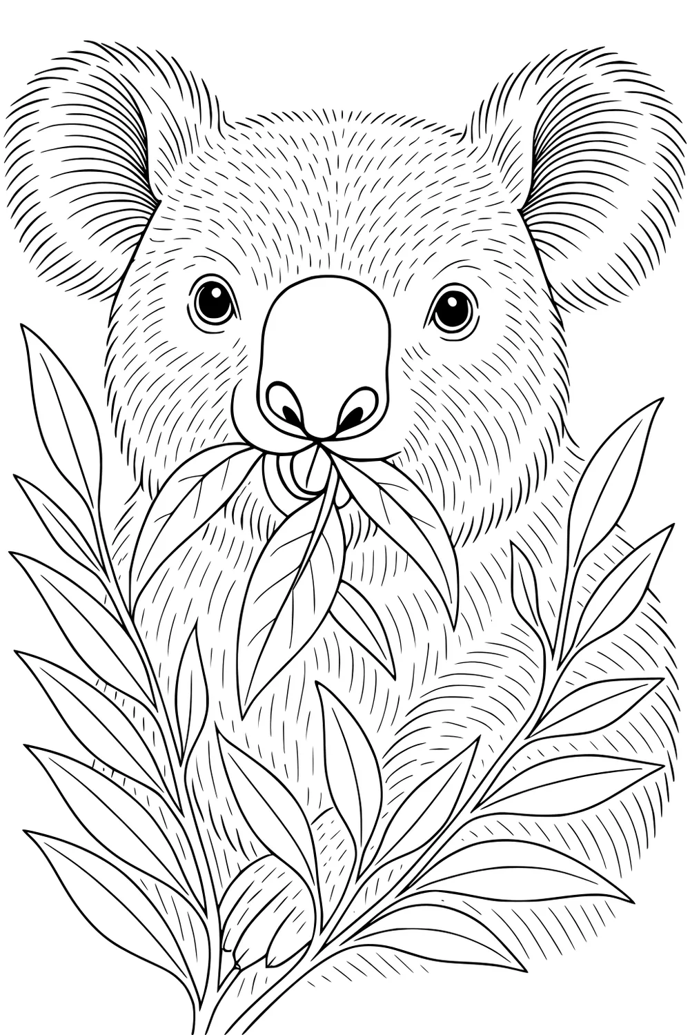 Koala facing forward holding leafy eucalyptus branches and chewing on leaves.