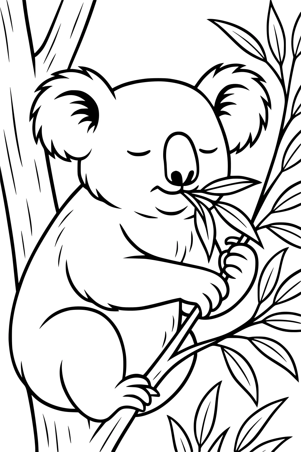 Koala sitting in a tree chewing on eucalyptus leaves with branches and leaves surrounding him