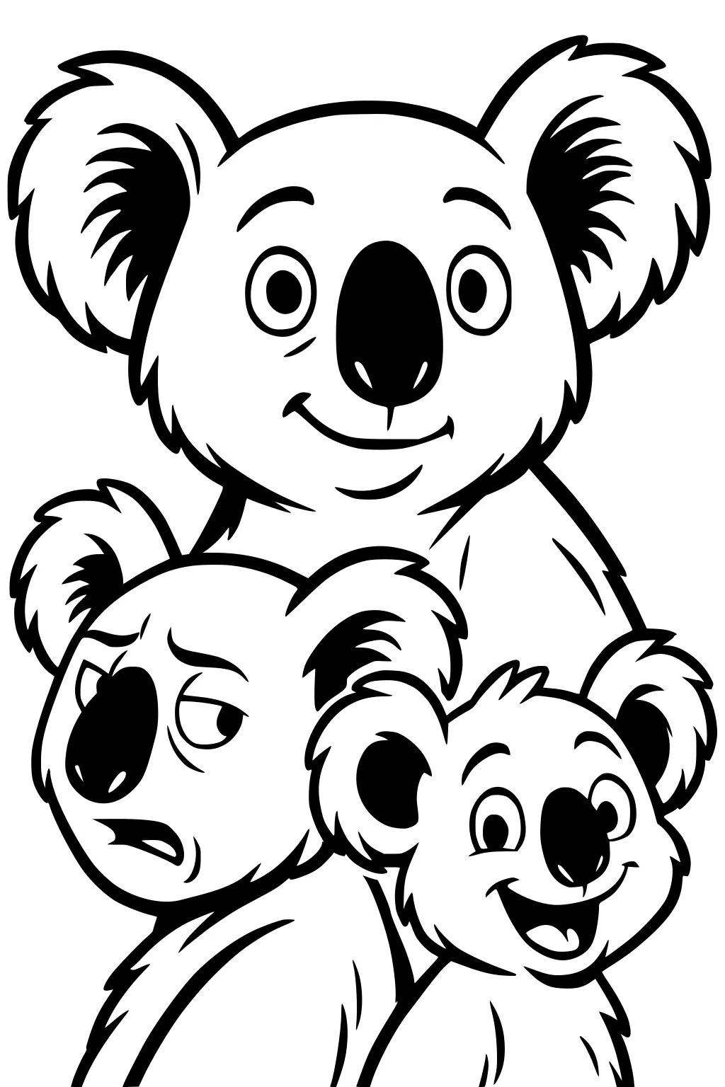 Three cartoon koalas stacked vertically with big ears and expressive faces: one smiling, one grumpy, one laughing.