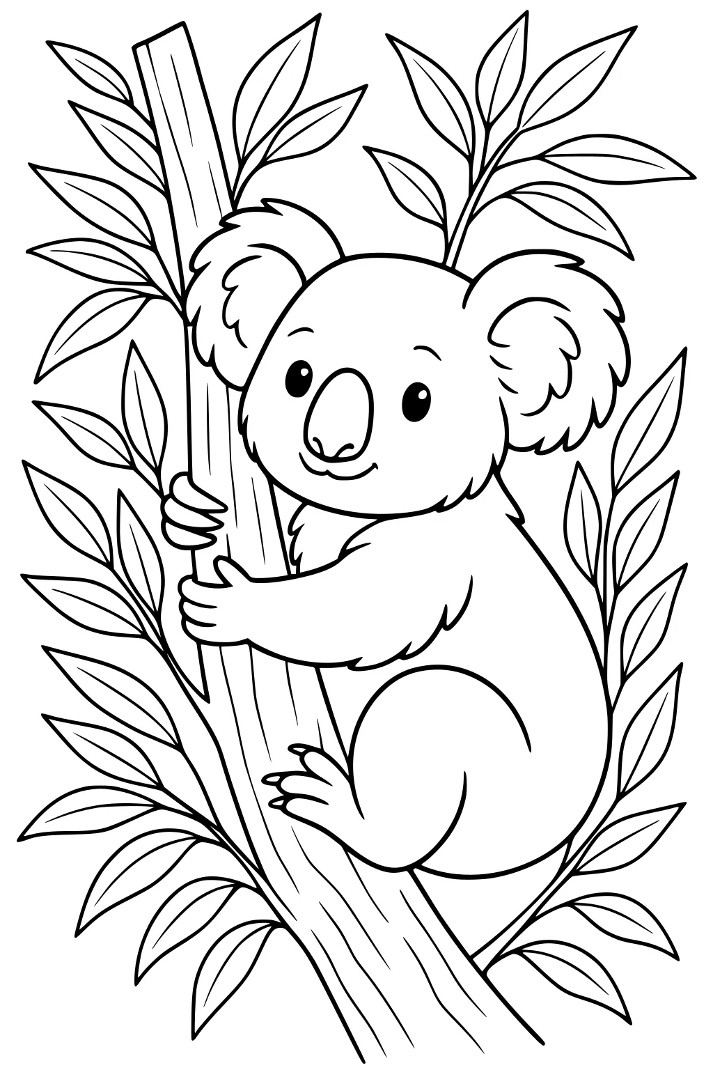 Koala clings to a tree branch, surrounded by leafy eucalyptus branches. The koala has large fluffy ears and a gentle smile.