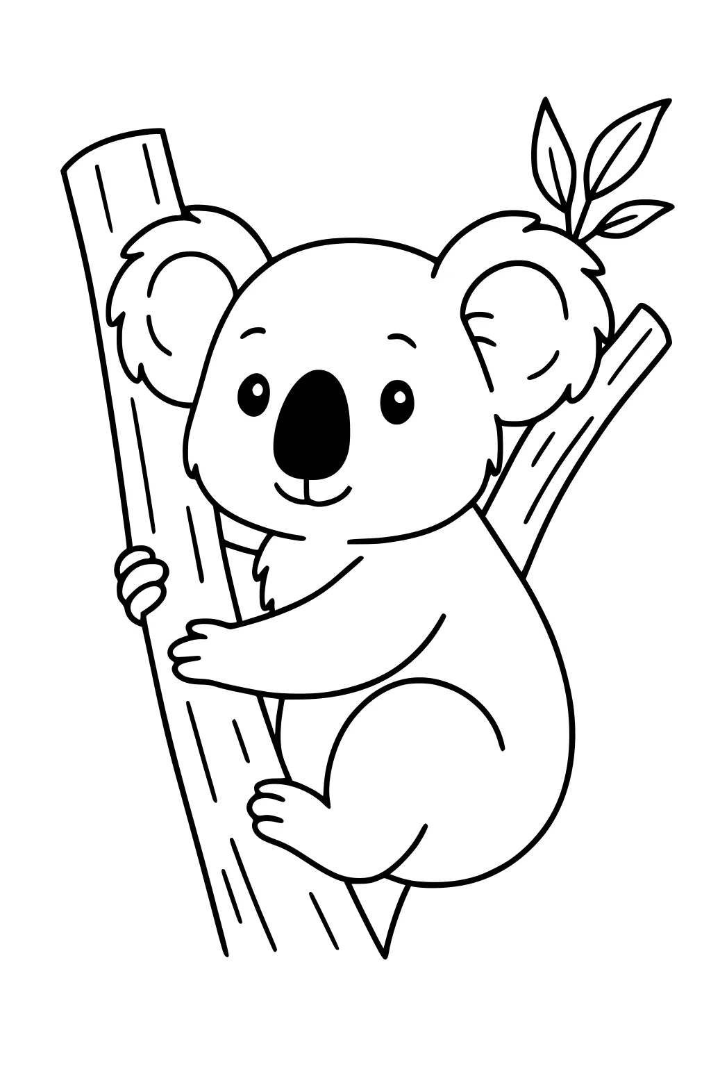 A cartoon koala with round ears hugs a tree branch with leaves, smiling at the viewer.