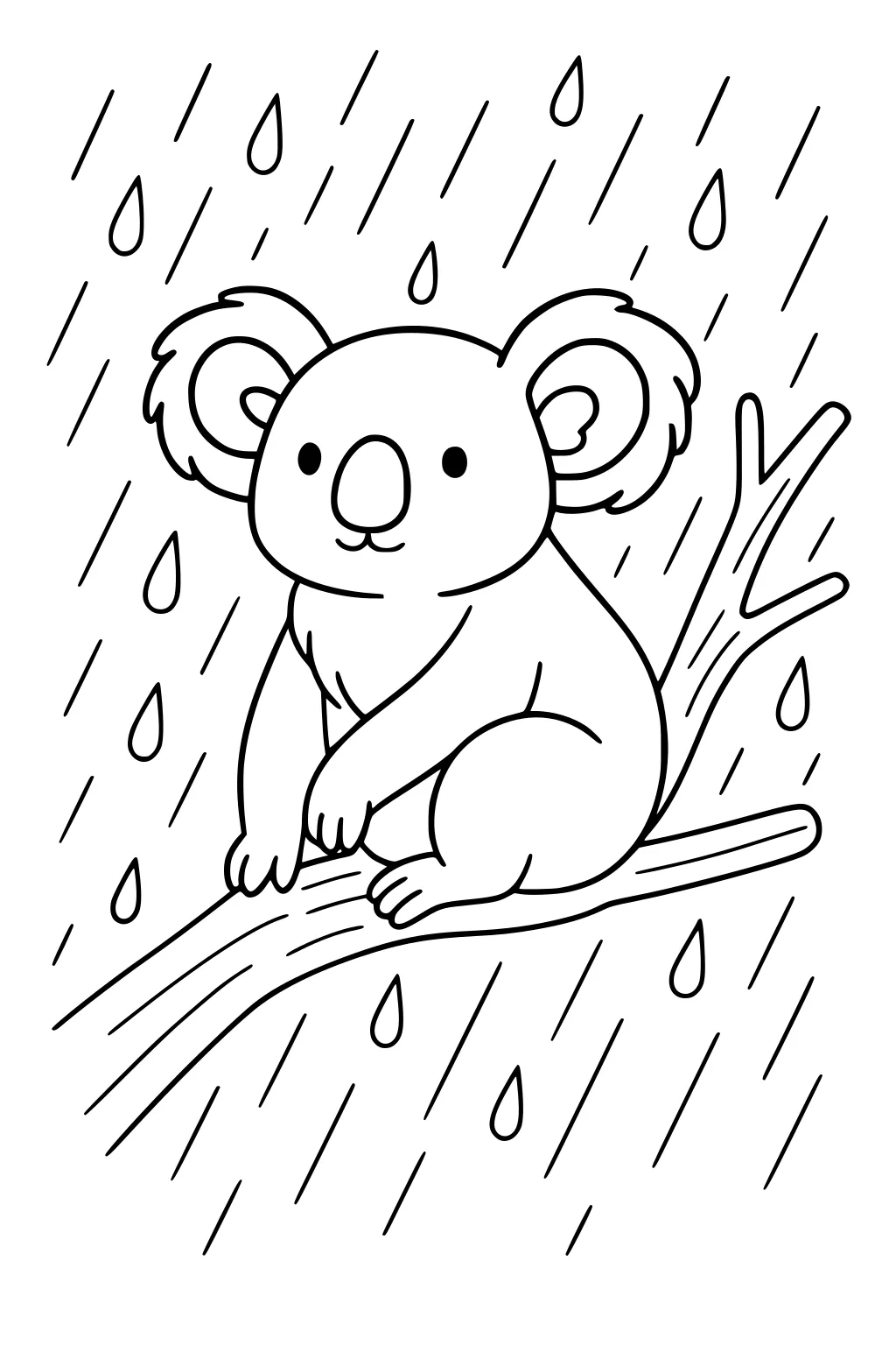 A koala sits on a tree branch as raindrops fall around him. His ears are round and he faces forward in the rain.