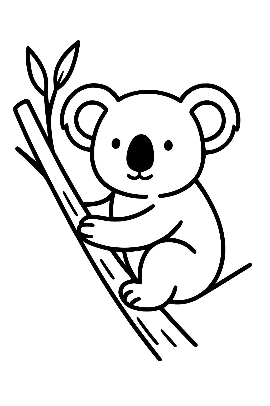 Simple line drawing of a koala holding a tree branch with two leaves.