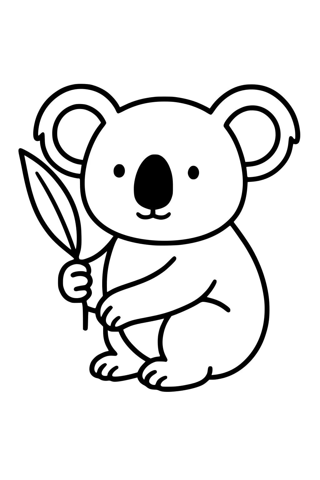 Cartoon koala sitting up and holding a leaf with one paw, outlined in bold black lines.