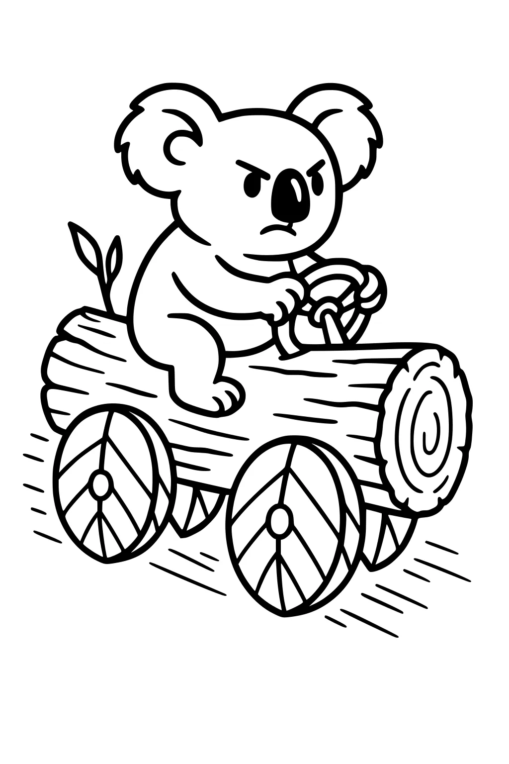 Koala driving a log car with leaf wheels and a sprout, holding a steering wheel and looking determined.