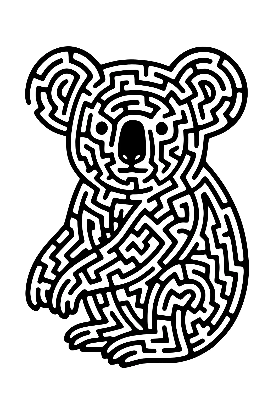 Sitting koala made from a maze of bold black lines and open spaces, no background elements.