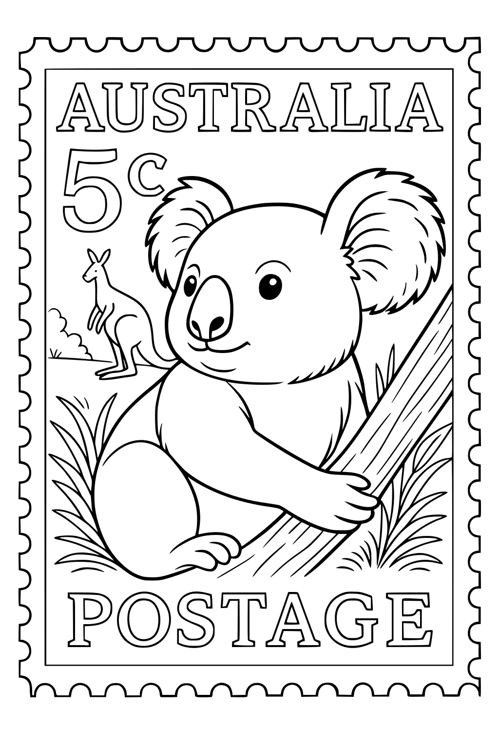 Koala on tree branch with grass, kangaroo in background, and Australia postage stamp border.