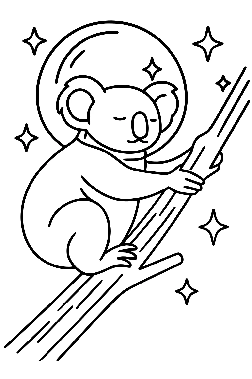 Koala in a space helmet hugging a tree branch with closed eyes, floating stars around.