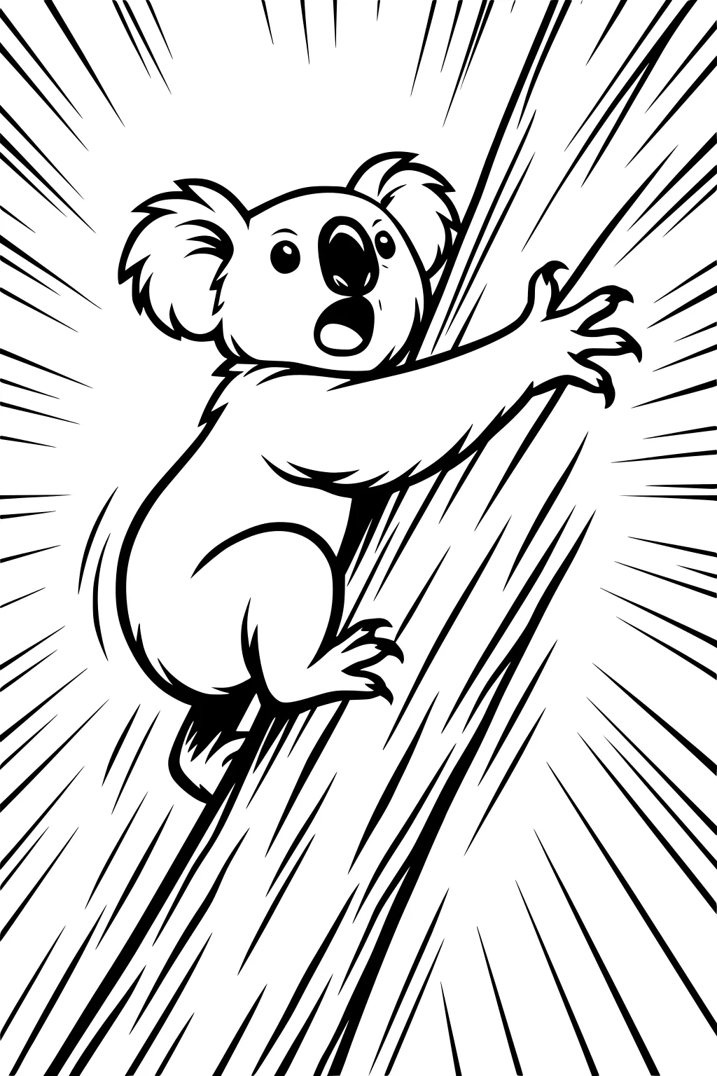 A surprised koala clings to a tall tree with lines showing fast movement and wind.