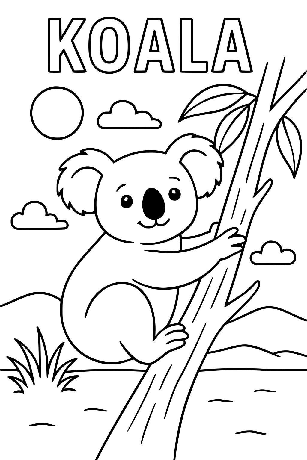 A smiling koala sits on a tree trunk with leaves, grass, clouds, sun, and rolling hills in the background.