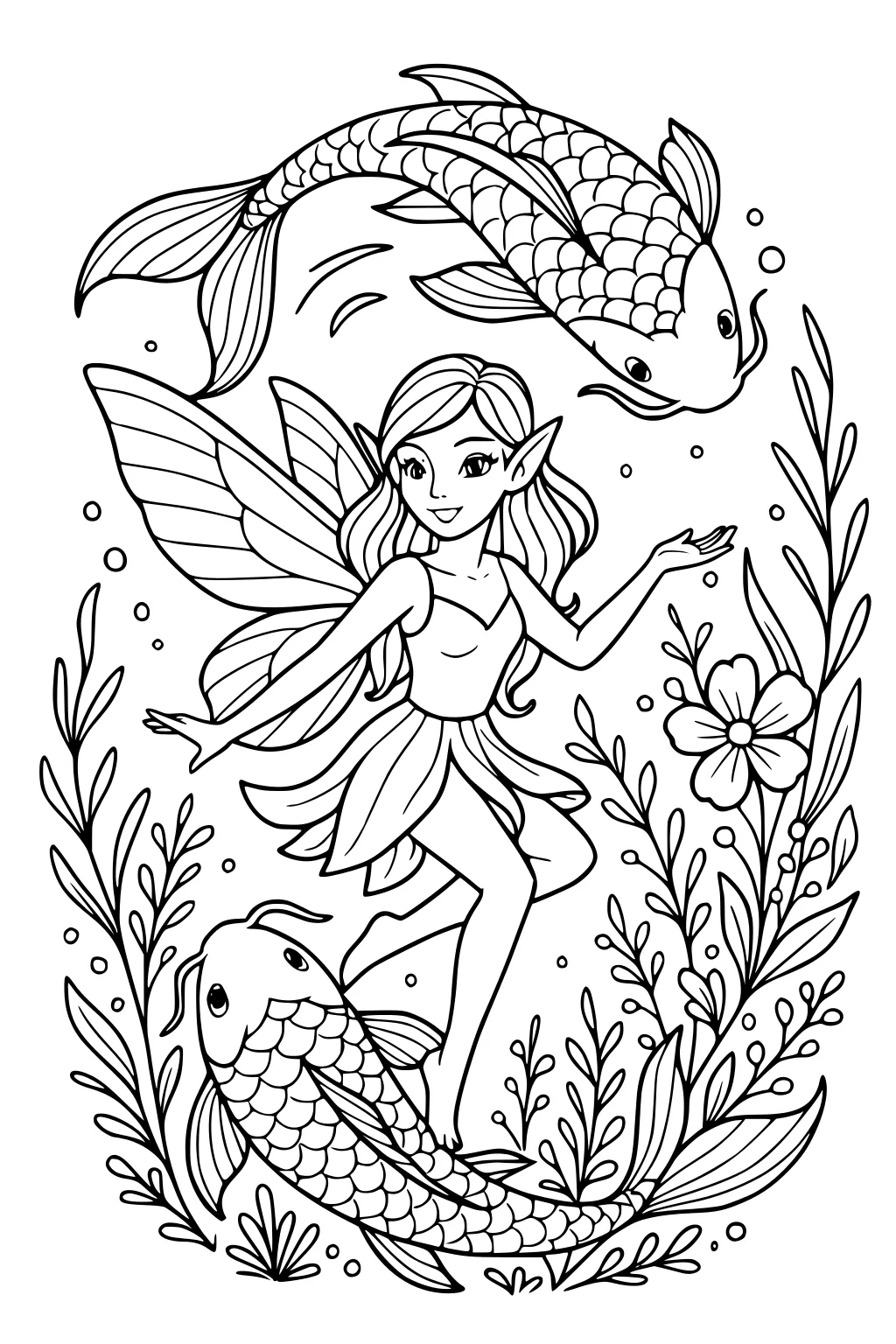 Fairy girl with wings rides a koi fish as another swims above, with pond plants, leaves, bubbles, and a flower.