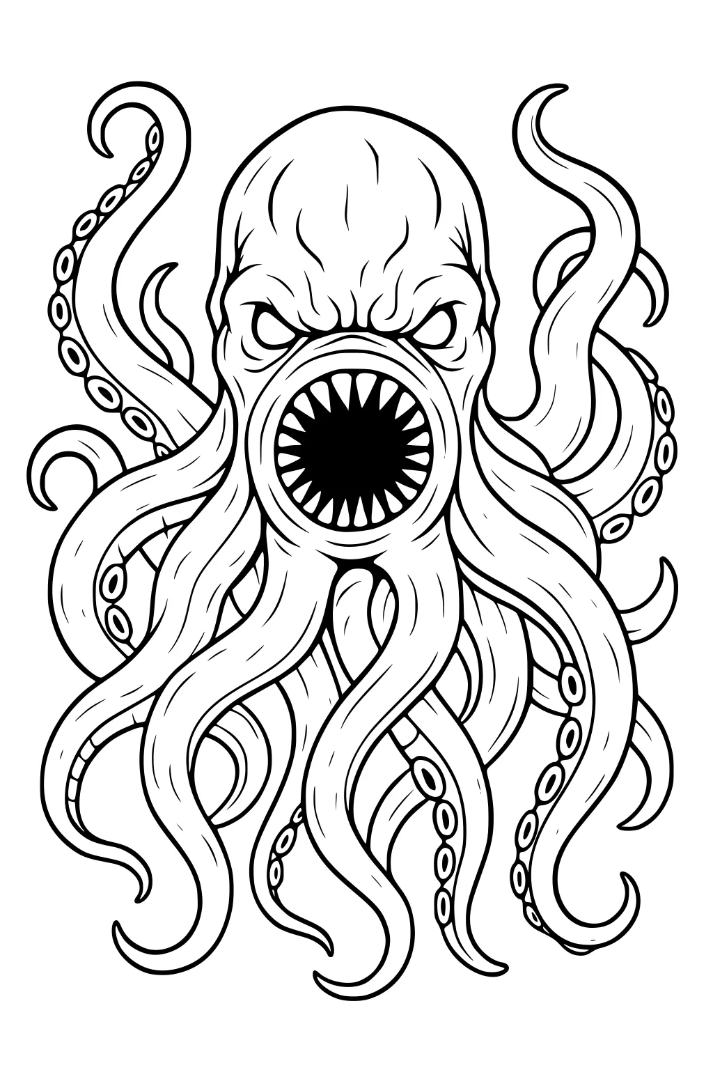 Kraken sea monster with swirling tentacles, suction cups, and a round toothy mouth, bold black outlines, no background.