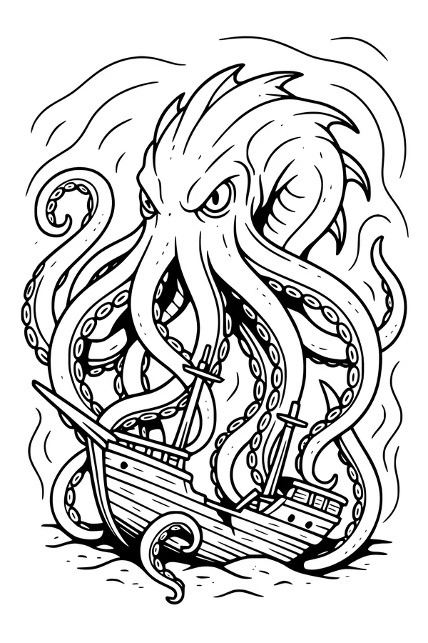 Kraken Tangles the Stormy Ship