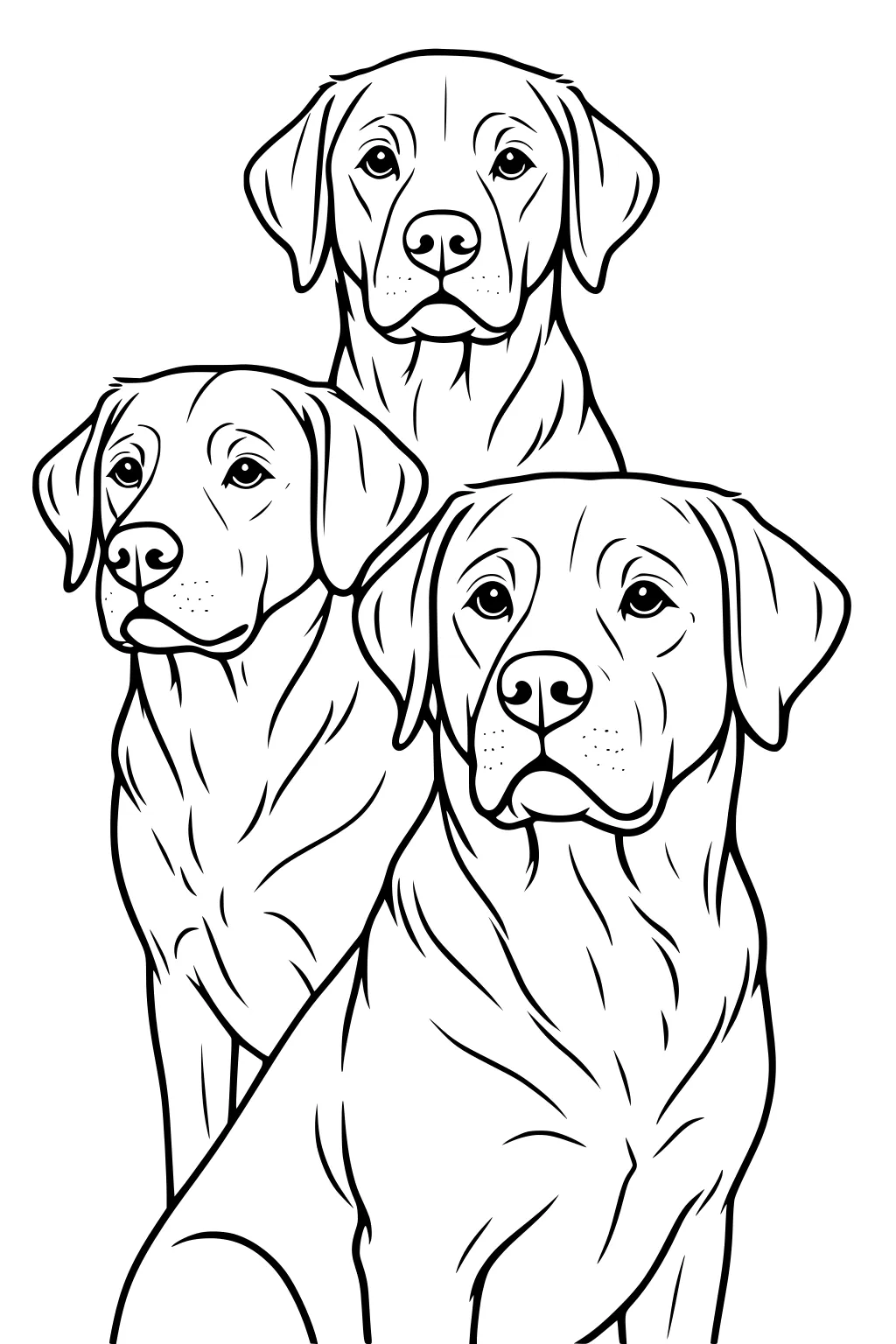 Three Labrador Retriever dogs sitting together, facing forward with floppy ears and calm, expressive faces.
